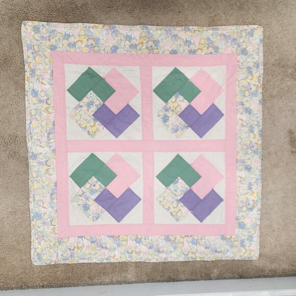 Vintage Patchwork Quilt Baby Blanket Pink Purple Green Pastel Kid Print 37x37 - Picture 1 of 8